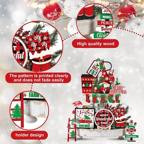 Christmas Tiered Tray Decor Wooden Signs Gnome Christmas Tree Farmhouse Table Centerpiece Ornaments Home Party Decoration