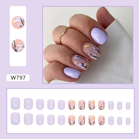 Uñas Postizas Presionables Cortas Cuadradas Redondas Lavanda Púrpura Patrón Floral Pan De Oro Elegante Dulce Fresco Dedos