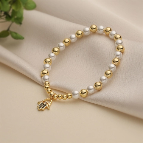 Women Beaded Bracelet Gold Color Copper Beads White Faux Artificial Pearl Hamsa Hand Evil Eye Heart Charms Elastic Bohemia Jewelry