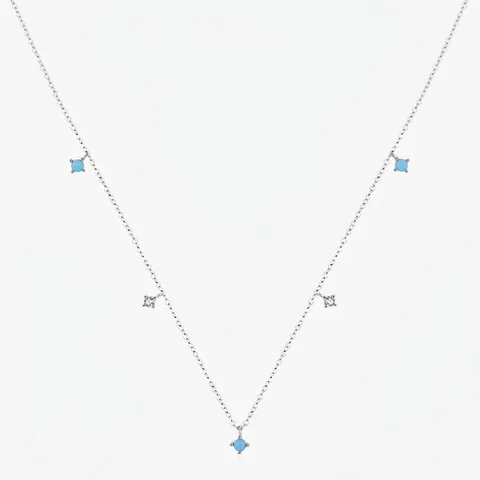 925 Sterling Silver Necklace With Round Turquoise And Square Zircon Minimalist Clavicle Chain For Women Fashion Jewelry