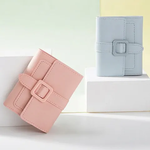 Women Short Wallet Lychee Texture PU Leather Solid Color Square Buckle Trifold Card Holder Elegant Fashion Purse