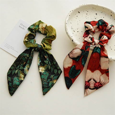 Artistieke Print Scrunchie Haarelastiekje KunstSatijn Satijn Lange Linten Strik Frans Retro Hoofddeksel Voor Dames