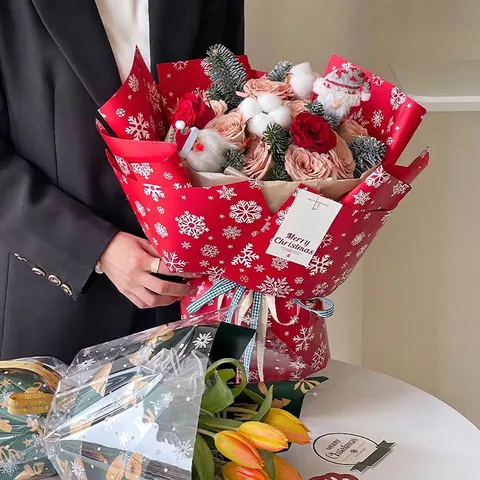 Weihnachts Geschenkpapier Wasserdichter Kunststoff Blumenstrauß Geschenkverpackung Bedruckt Schneeflocke Baum Muster Deko