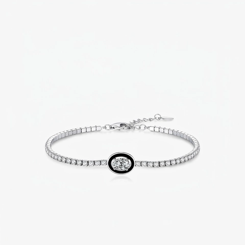925 Sterling Silber Armband Für Damen Schwarze Emaille Oval Zirkonia Eingelegt Trendy Tennis Stil Schmuck Geschenk