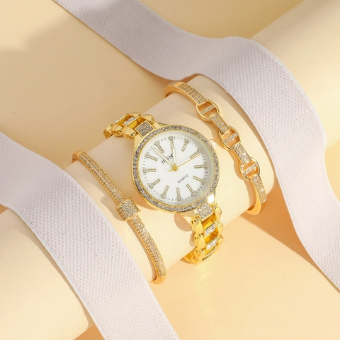 Women Fashion Quartz Watch And Rhinestone Bracelet Bangle Luxury Elegant Alloy Wristwatch Gold Tone
