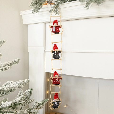 Père Noël Gnome Grimpant Décoration Suspendue Noël Échelle De Corde En Bois Rustique Maison Cheminée Murale
