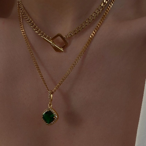 Collana Multistrato In Rame Pendente Cuore Zircone Quadrato Choker Chiusura OT Gioielli Vintage Placcato Oro