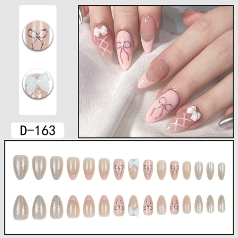Rosa Press On Nails French Tip Mit 3D Schleife Glitzer Mandelform Süßer Ballettstil Künstliche Falsche Fingernägel