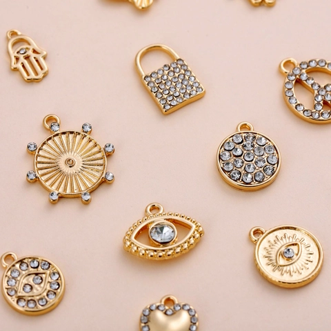 Gold Plated Alloy Rhinestone Charms Pendants For DIY Jewelry Making Hamsa Evil Eye Butterfly Heart Cross Lock Novelty