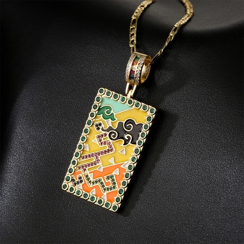 Collana Pendente Rettangolo Vintage Rame Placcato Oro Smalto Colorato Zircone Stile Carta Tarocchi Catena Figaro Donna