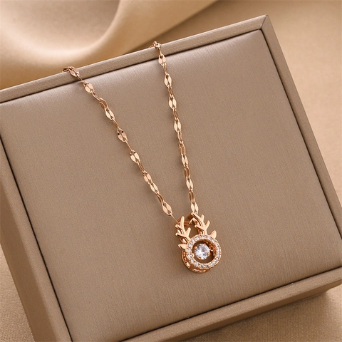 Titanium Steel Zirconia Dancing Stone Deer Antler Necklace For Women Rose Gold Silver Antler Pendant Necklace Jewelry Gift