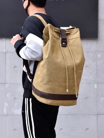 Mochila De Lona Con Cordón Mochila Cilíndrica Con Adorno De Cuero PU Compartimento Para Portátil Estilo Urbano Casual Vintage