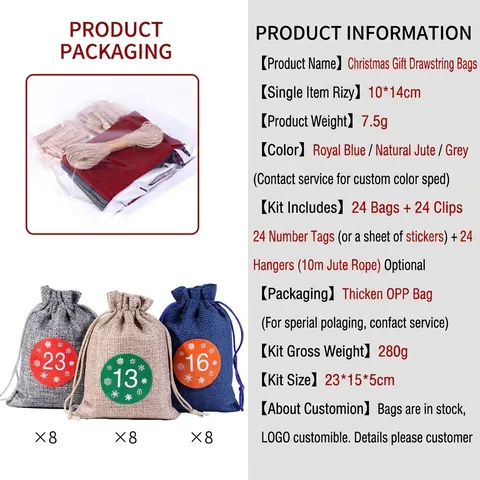 Christmas Advent Calendar Drawstring Bags Linen Cloth Gift Pouches With Wooden Clips And Hemp Rope Holiday DIY Decor