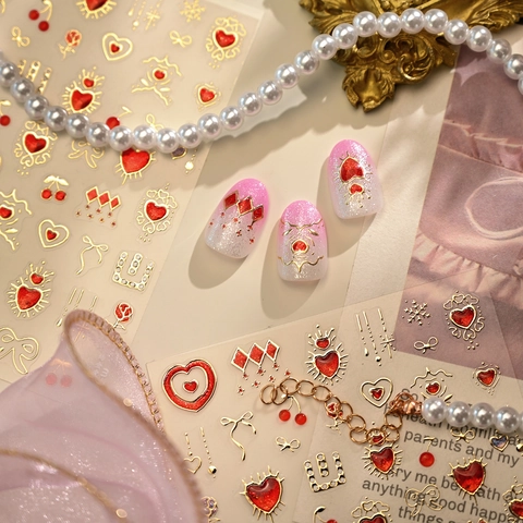 Adesivi Per Nail Art In Rilievo 3D Bordo Oro Cuore Rosso Fiocco Design Stile Lolita Vintage Decorazione Per Manicure