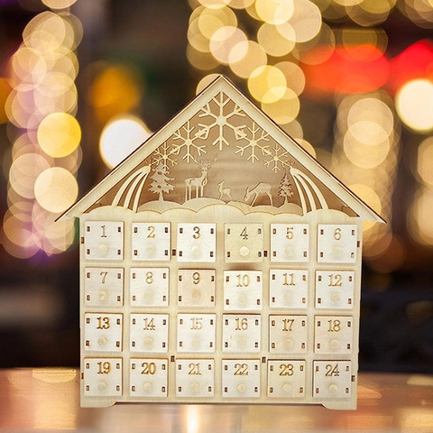 Holz Weihnachts Adventskalender LED Lichter Countdown Schubladen Hausform Tischdeko Festliche Feiertage Deko