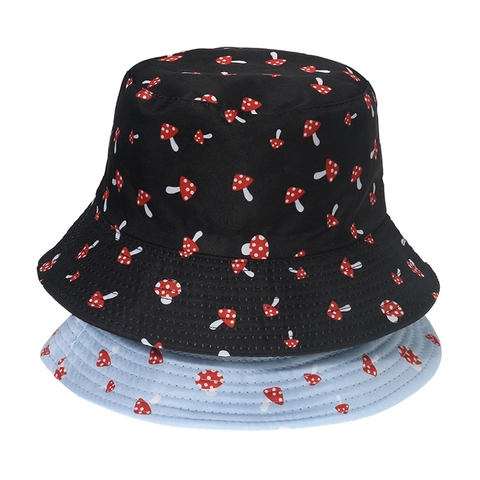 Mushroom Print Bucket Hat Polyester Sun Protection Foldable Fisherman Cap Casual Chic Style For Women Men