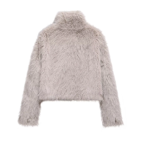 Women Faux Fur Cropped Jacket Long Sleeve Lapel Collar Warm Solid Color Winter Fluffy Thick Outerwear Coat