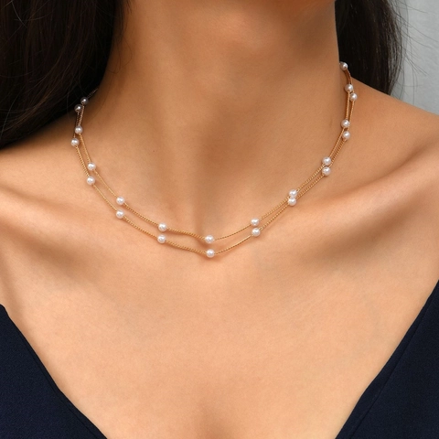 Collier Double Épaisseur Avec Künstliche Perles Fantaisie Chaîne En Alliage Doré Bijoux Bohème Simple Pour Femmes