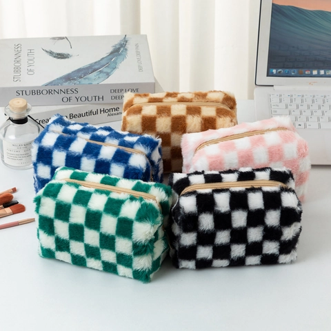 Schaakbord Pluche Cosmetische Tas Grote Capacità Make-up Organizer Zachte Rits Etui Voor School Thuis
