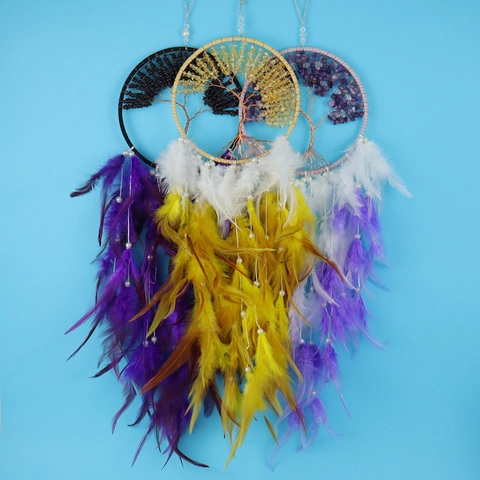 Tree Of Life Dream Catcher Crystal Natural Stone Feathers Handmade Bohemian Hanging Decoration For Bedroom Home Wall Decor