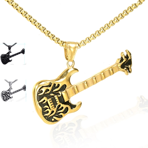 Flamme Gitarre Anhänger Halskette Edelstahl Rock Punk Musikinstrument Schmuck Für Männer Frauen Mode Poliertes Accessoire