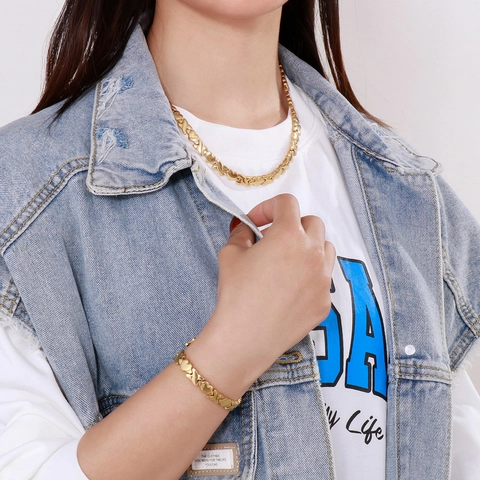 Stainless Steel Necklace And Bracelet Heart And X Shape Jewelry For Women Hugs Kisses Bicolor Fashion Gift