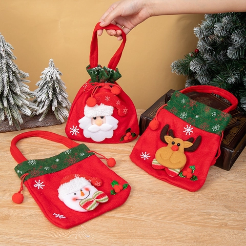 Christmas Gift Bag Felt Drawstring Candy Pouch With 3D Santa Snowman Reindeer Doll For Festive Party Packaging Decor