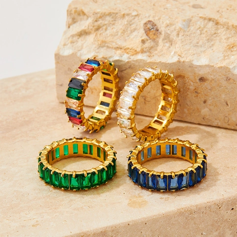 Baguette Zirkonia Eternity Ring Edelstahl Mehrfarbig Rechteckig Zirkon Vintage Hip Hop Schmuck Für Damen
