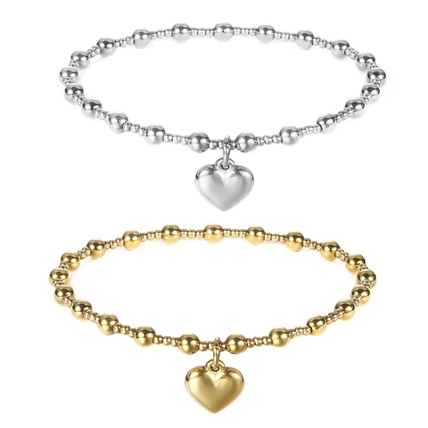 Pulsera de Cuentas Minimalista de Acero Inoxidable para Mujer Colgante Corazón Joyería Elástica Chapada en Oro Plata
