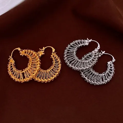 Woven Hoop Earrings Hollow Round Geometric Gold Plated Copper Jewelry Elegant Fashion Ear Buckle Women Accessory