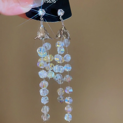 Orecchini Lunghi Con Nappine Zircone Lucido Perle Di Vetro Cappuccio A Fiore Perno In Argento Gioielli Eleganti Da Donna