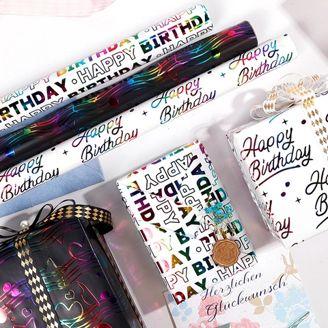 Happy Birthday Gift Wrapping Paper Rainbow Holographic Gold Stamping Coated Paper For Festive Party Decoration