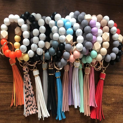 Llavero De Pulsera Con Cuentas Para Mujer Cuentas De Silicona Y Madera Con Borla De Cuero PU Elástico