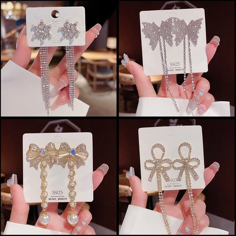 Geometric Rhinestone Tassel Dangle Earrings For Women Luxury Artificial Pearl Drop Earrings With 925 Sterling Silver Post