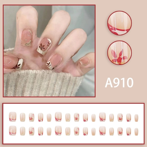 Press On Nails French Style Maple Leaf Pattern Gold Foil Square Oval Elegant Artificial Nails For Women