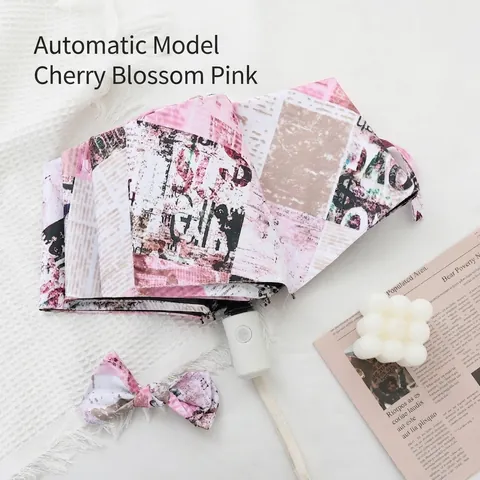 Foldable Newspaper Print Automatic Manual Umbrella UV Protection Sun Umbrella