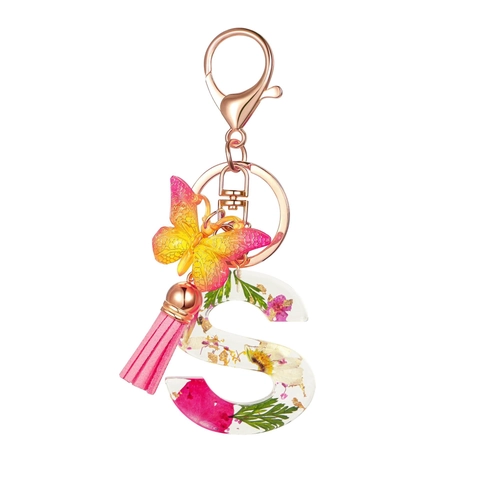 Portachiavi con Lettere in Resina con Fiori Secchi Foglia d'Oro Ciondolo Farfalla Nappa Rosa Anello Portachiavi Oro Rosa Fascino Borsa