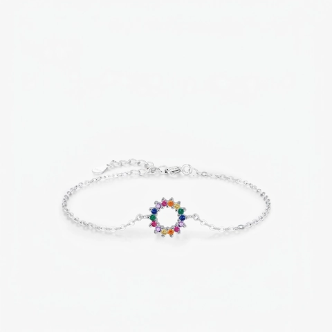 Pulsera De Plata De Ley 925 Para Mujer Colgante De Círculo De Circonita Cúbica De Arco Iris Colorido Ajustable Joyería Dulce