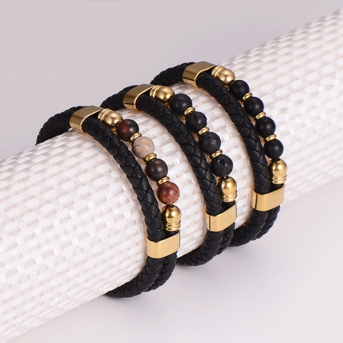 Pulsera Para Hombre De Cuero Trenzado Con Cuentas De Piedra Natural Y Cierre Magnético De Acero Inoxidable