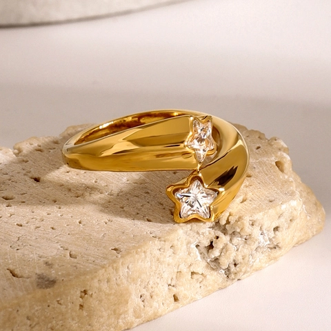 Roestvrijstalen Verstelbare Open Ring Met Dubbele Ster En Zirkonia Vergulde Minimalistische Sieraden Voor Dames