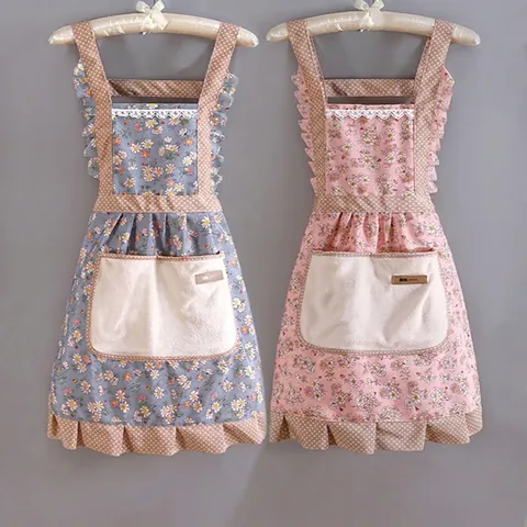 Delantal De Cocina Floral Con Bolsillos Para Limpiar Las Manos Impermeable A Prueba De Aceite De Lona Para Mujer Estilo Princesa