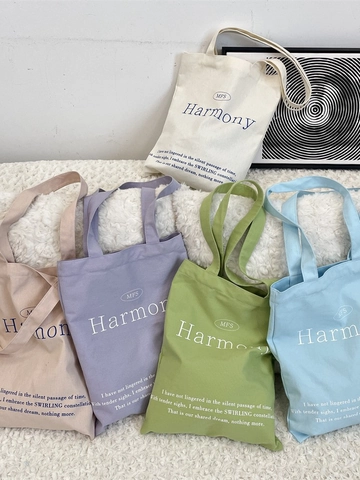 Bolso Tote De Lona Para Mujer Gran Capacidad Estampado De Letras Minimalista Casual Bolso De Hombro Compras Versátil