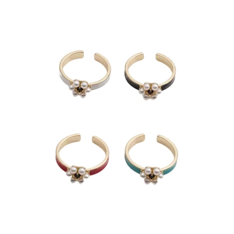Bague Réglable Fleur En Émail Cuivre Plaqué Or Avec Künstliche Perle D'imitation Et Zircon Bijoux De Mode Pour Femmes