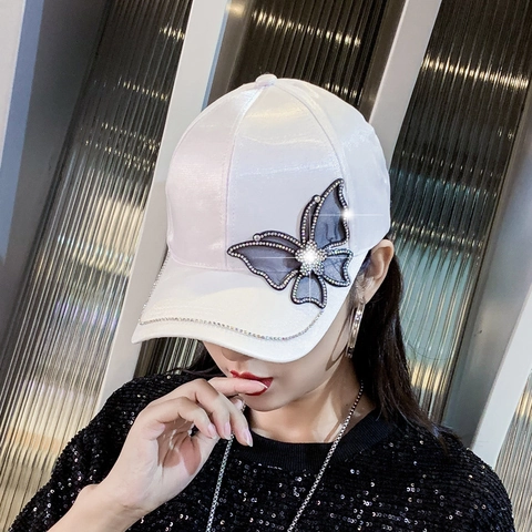 Berretto Da Baseball In Raso Di Raso Moda Decorazione Farfalla Di Strass Cappello Regolabile Protezione Solare