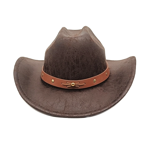 Chapeau De Cow-Boy Occidental Aspect Cuir Vieilli Décor Ceinture À Rivets Large Bord Jazz Fedora Style Vintage Pour Hommes Femmes