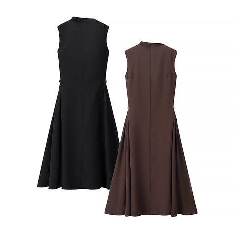 Women Sleeveless Maxi Dress Mock Neck Polyester Slim Fit A-Line Solid Color Elegant Long Swing Evening Gown Back Zipper