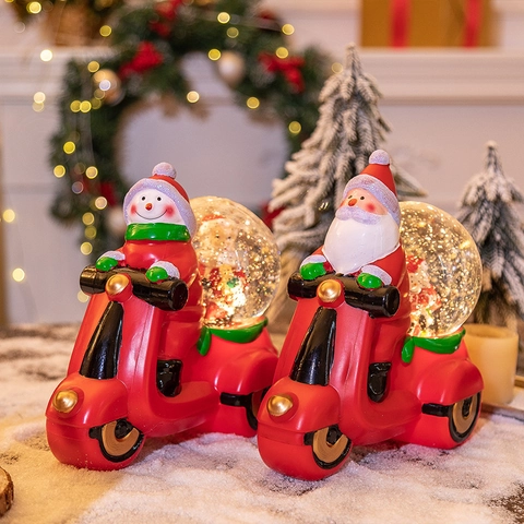 Weihnachts Schneekugel Ornament Harz Motorrad Weihnachtsmann Schneemann LED Licht USB Batterie Betrieben Schreibtisch Geschenk