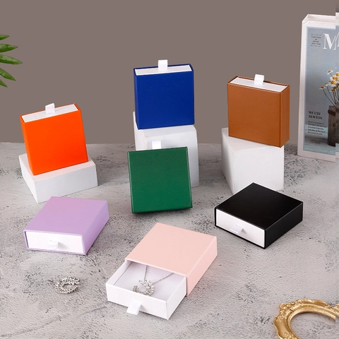 Jewelry Box Gift Case Drawer Style Cardboard Paper With Ribbon Pull For Rings Earrings Necklaces Bracelets Square Simple