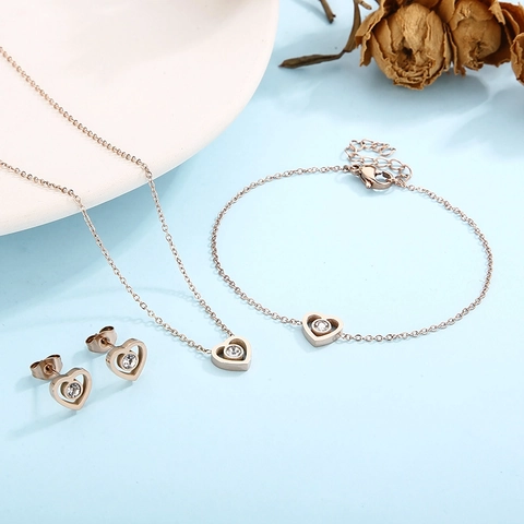 Heart Shape Hollow Stainless Steel Necklace Bracelet Earrings With Zircon Inlaid For Women Elegant Romantic Jewelry