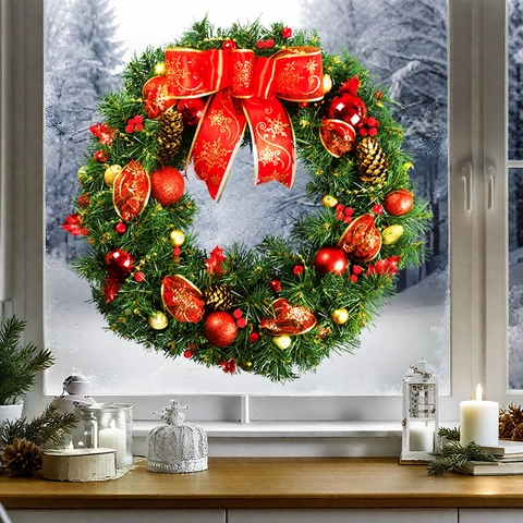 Christmas Wreath Window Stickers Pvc Self Adhesive Holiday Party Glass Decor Waterproof Removable Festive Home Decor